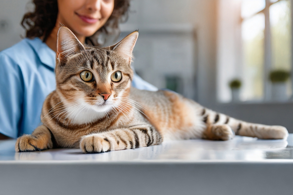 female veterinarian examining cat on the table