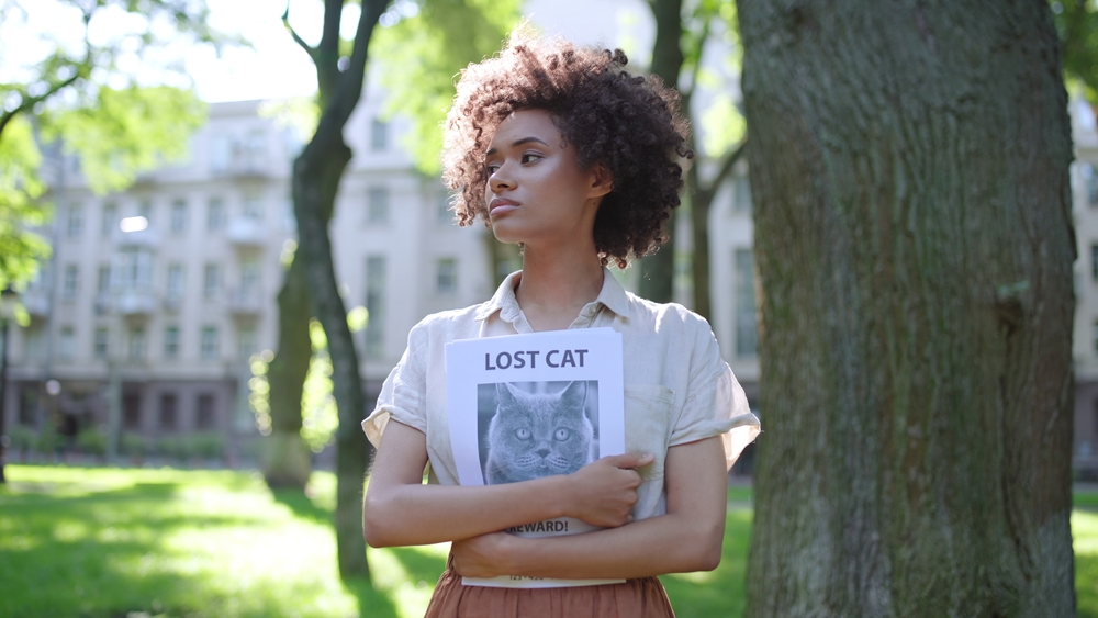 Woman volunteer holding posters with missing cat picture